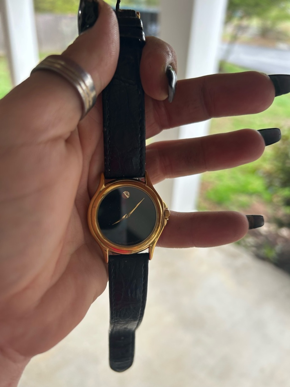 MOVADOGold-Tone Black Dial Leather Strap Watch
